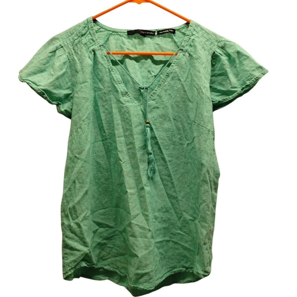 Harve Benard Women's Size Medium Green Boho Tassel Top Washable Linen Blend